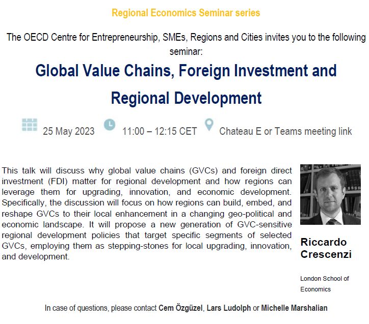 📢 @OECD Regional Economics seminar series We are thrilled to kick off our new seminar series with @crescenzi_r focusing on the role of GVCs and FDI for regional development. You can register using the link below to attend remotely: 👇 lnkd.in/eQYdsgKM