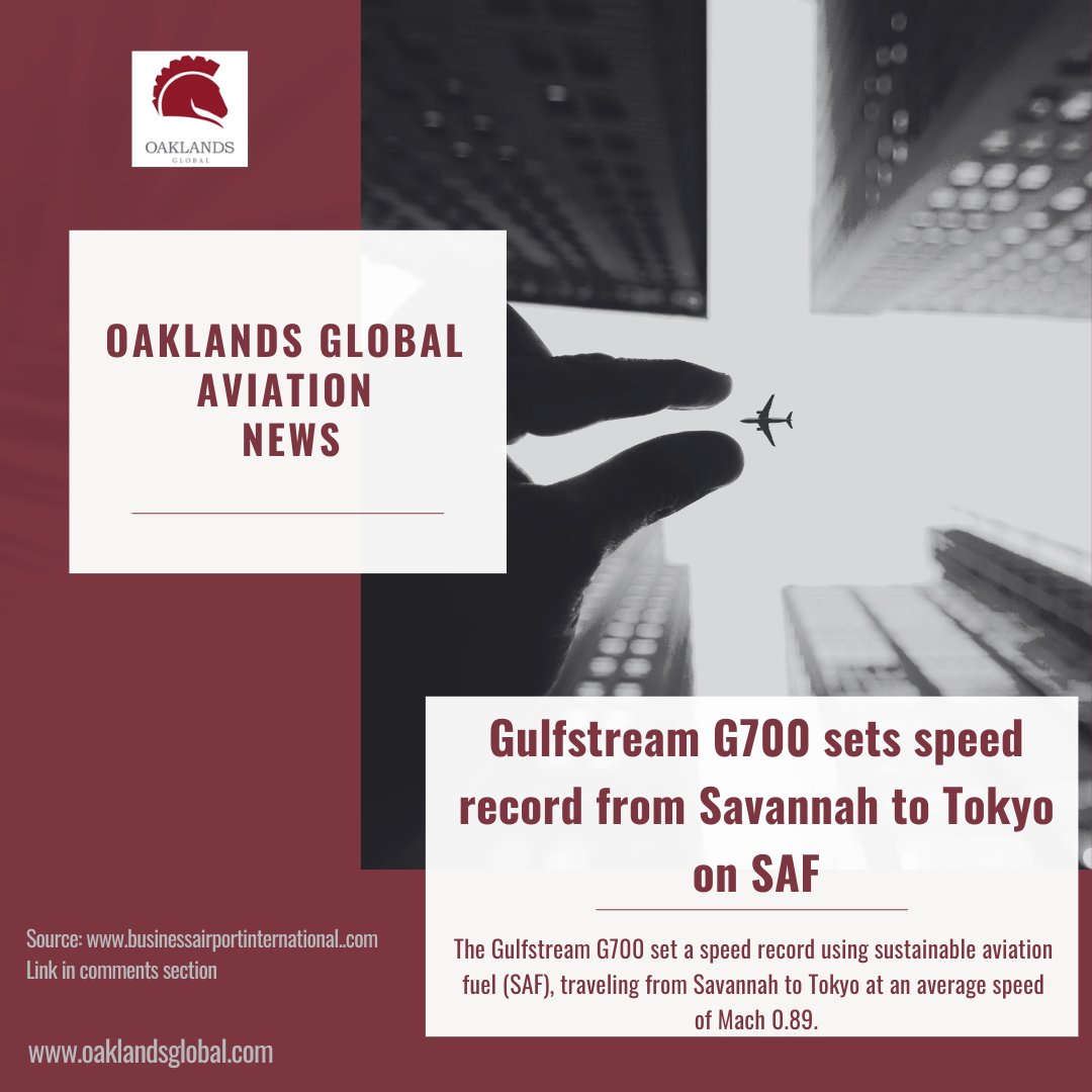 Exciting news for the Gulfstream G700 as it sets a speed record using sustainable aviation fuel (SAF), traveling from Savannah to Tokyo at an average speed of Mach 0.89.

#gulfstream #g700 #speedrecord #sustainableaviationfuel #savannah #tokyo #aviation