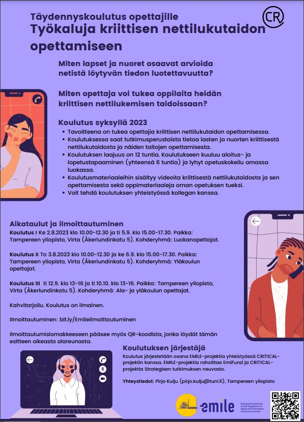 #opettaja! Vaikka hyvin ansaittu kesäloma alkaa pian, tarjoamme ilmaista huippuasiantuntijoiden <a href="/KuljuPirjo/">Pirjo Kulju</a> <a href="/ckiili/">Carita Kiili</a> ym. suunnittelemaa  #täydennyskoulutus'ta kriittisen nettilukemisen taitojen opettamiseen ensi lukuvuoden alusta alkaen. Kysy lisää tai ilmoittaudu suoraan mukaan👇