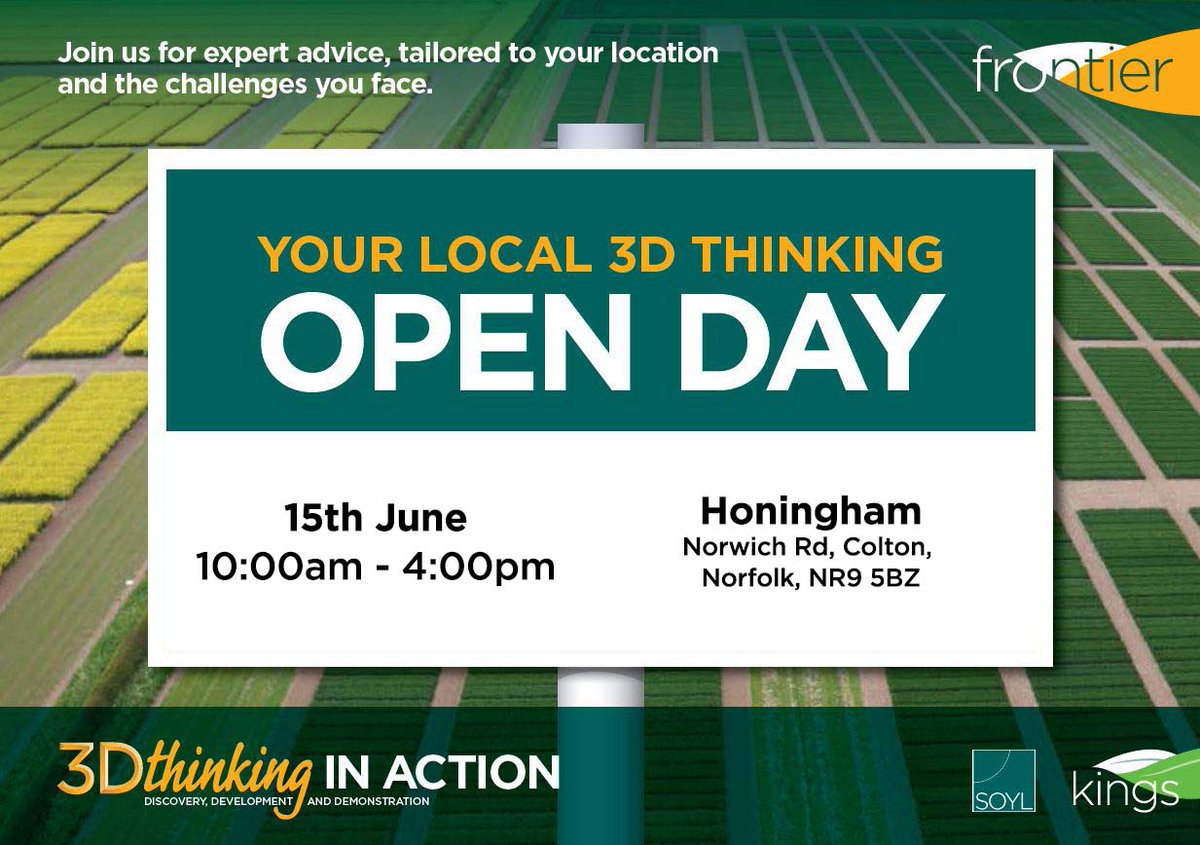 #EVENT: Join us at the 15 June #Honingham #3DThinking open day for:

✅ the latest varietal &amp; agronomic advice
✅ digital crop production solutions plus
✅ guidance on #sustainablefarming systems, as well as stewardship, SFI &amp; specialist crops

Register: bit.ly/423bfM4