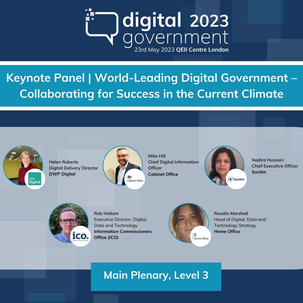 Our keynote panel is about to take place! Please welcome speakers from @DWPDigital, @cabinetofficeuk, @Socitm @ICOnews and @HODigital
discussing collaborating for success in the current climate. #DigiGov2023