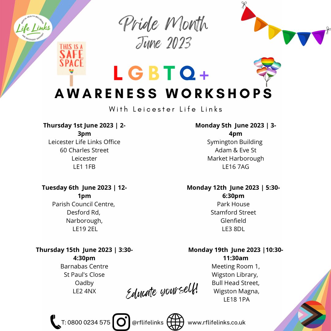 Come and join us throughout June to celebrate Pride Month! We are hosting a number of LGBTQ+ Awareness Workshops! Throughout these workshops we will be exploring identity, active listening skills, self-compassion, self-esteem and much more! No booking or sign up required!💚🌈