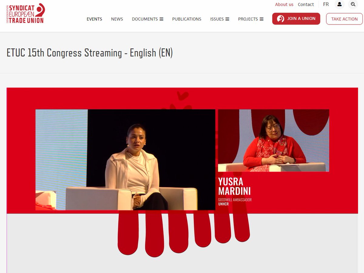 Inspiring @etuc_ces has put #RefugeesAreWelcome right at the top of #ETUC50 agenda with interview with Yusra Mardini whose story of fleeing war in Syria to find safety in Germany was given a global audience by @netflix 'The Swimmers'...'Be gentle and kind. But do more' she asks