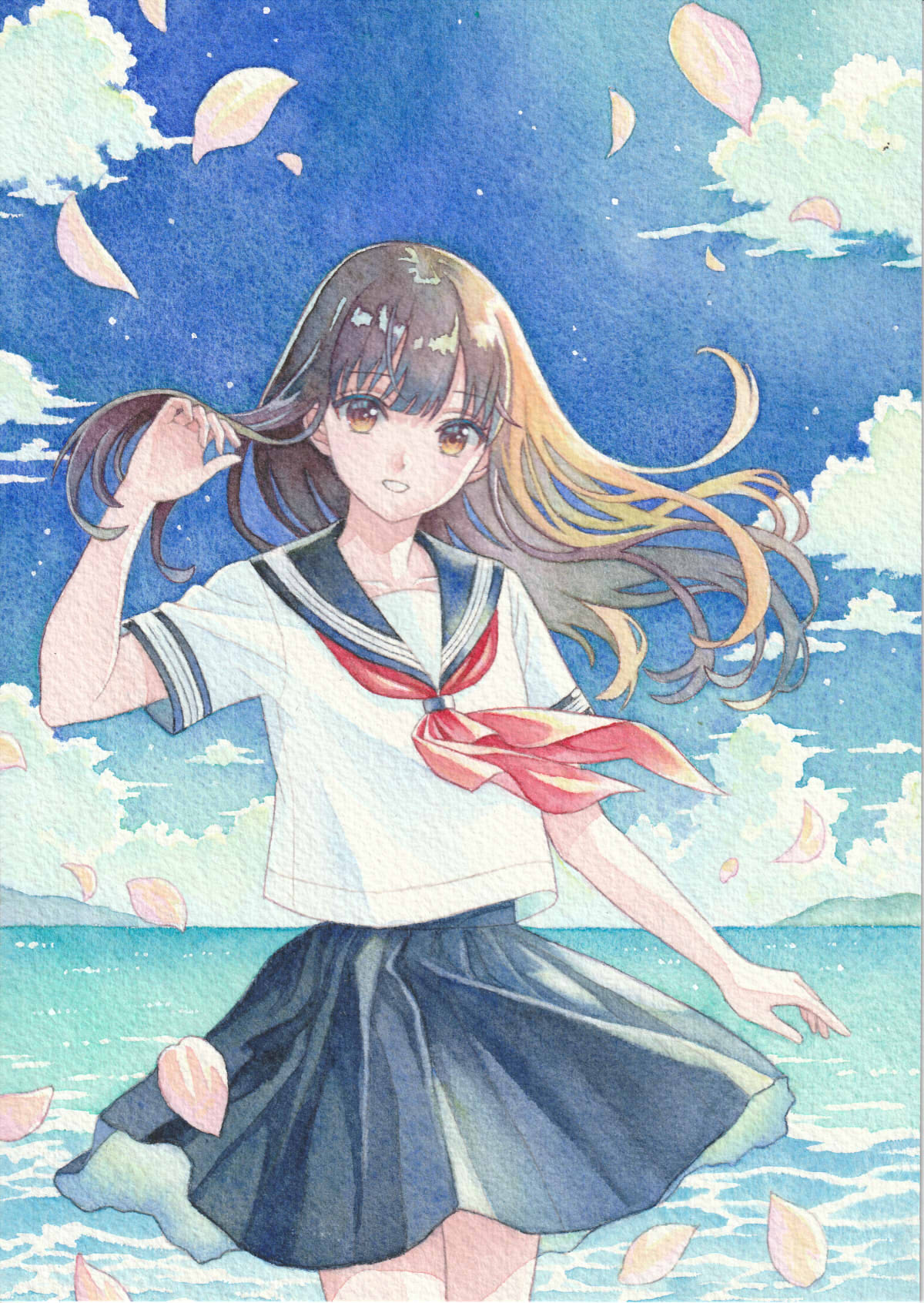 専用　手描きイラスト　オリジナル　水彩画　セーラー服 専用 手描きイラスト 春 水彩画 セーラー服の通販 by むぅしかの