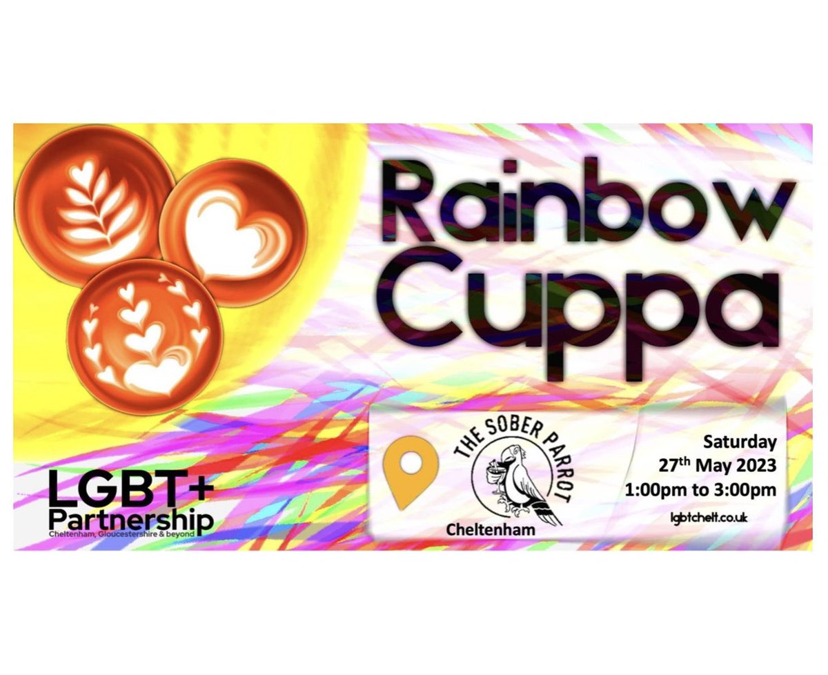 #Cheltenham this Saturday at The Sober Parrot, 7 St James Square, Cheltenham GL50 3PR, from 1pm.  This is an accessible venue.

All LGBTQ+ folk and allies welcome to join us for a relaxed chat, share some experiences, or bring a craft along.  See you there!

❤️🧡💛💚💙💗💜