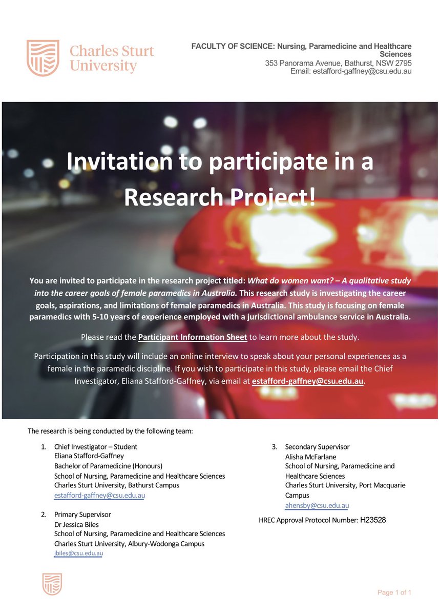 You are invited to participate in the research study: What do women want? – a qualitative study into the career goals of female paramedics in Australia.

Please see the below information and share amongst your paramedic networks!

#research #australia #paramedic
