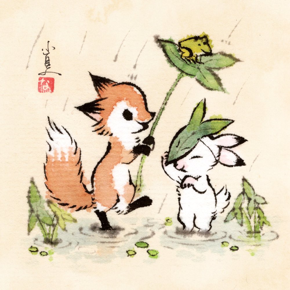 no humans leaf umbrella rain fox animal holding leaf  illustration images