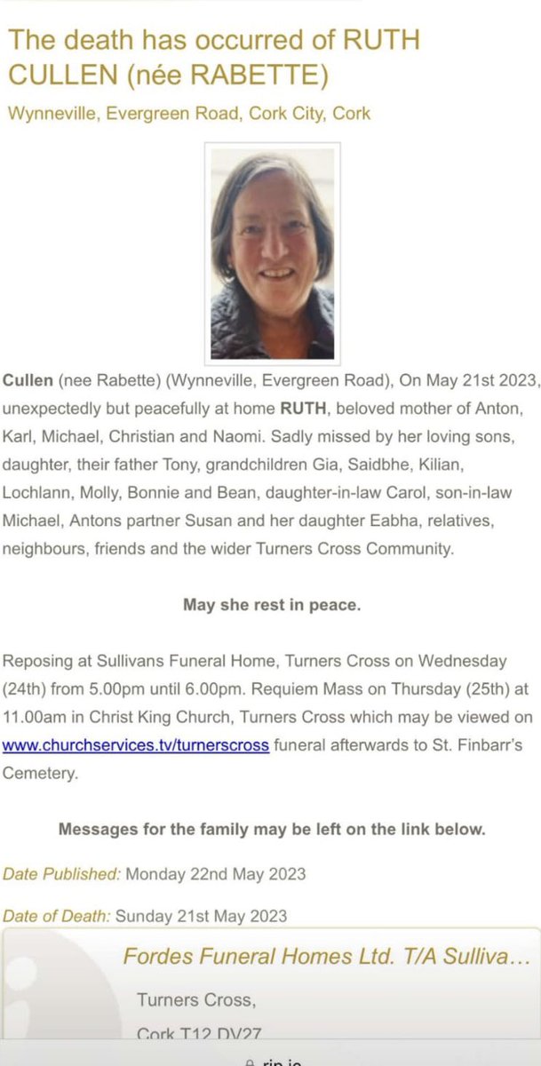 TurnersCrossCA's tweet photo. It is with absolute sadness that we share the news that our dear dear friend, committee member &amp; community activist Ruth Cullen (nee Rabette) has passed away. 

RIP Ruth. May her kind and gentle soul rest in Peace. Details of arrangement below. 🖤 https://t.co/ucDndi8up2
