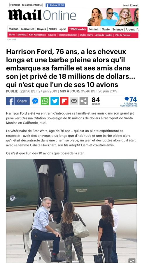 #Harrison_FORD, complaisamment reçu à #TV_MACRON, parle de 'se bouger le cul' pour sauver la planète.

Puis il repart dans un de SES 10 jets privés !
L'#ECOLOGIE, c'est juste pour emm.... les #prolos et les empêcher de rouler ds les villes #bobos !

Exemplaires #ZARTISTES...