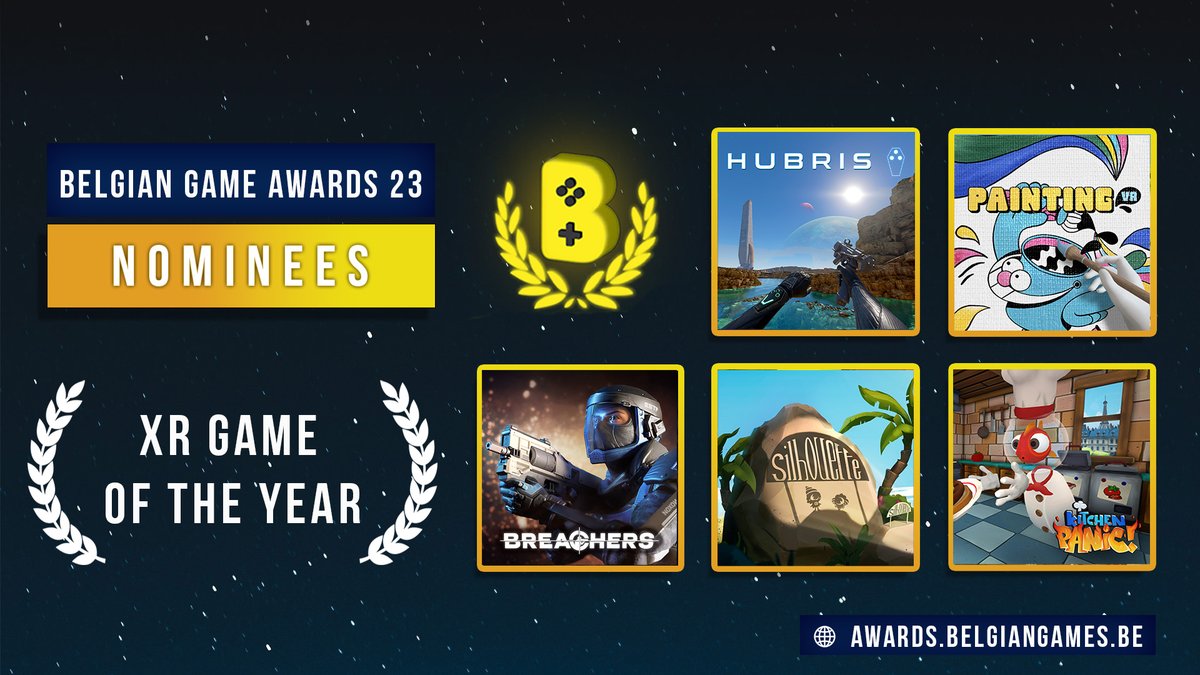 Here are the #BGA23 nominees for Best XR Game of the Year 🥳

- <a href="/BreachersVR/">Breachers | 💥 SEASON 7 OUT NOW!</a> 
- <a href="/HubrisVR/">Hubris ➡ available now on Q2, Q3, PS VR 2& Steam</a> 
- @PaintingVr 
- Silhouette by <a href="/TeamPanoptes/">Team Panoptes</a> 
- Kitchen Panic

Check out all the #BelgianGameAwards nominees:
🏆 awards.belgiangames.be/nominations/ga…