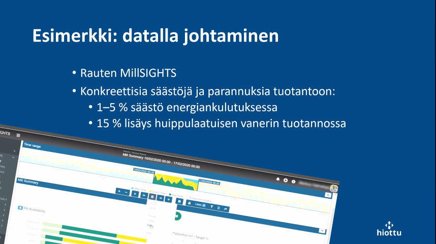 Vaikka Satu Lapinlammelle <a href="/Hiottu/">Hiottu Oy</a>-yrityksen kestävä toiminta on itseisarvo, tuo kestävyys myös tulosta.

<a href="/RauteOyj/">Raute Oyj</a>'lle tehty ratkaisu puunkäytön optimointiin on laskenut energiankulutusta ja lisännyt laadukkaan vanerin tuottoa 15 %.

#GreenICT #ilmasto #ympäristö