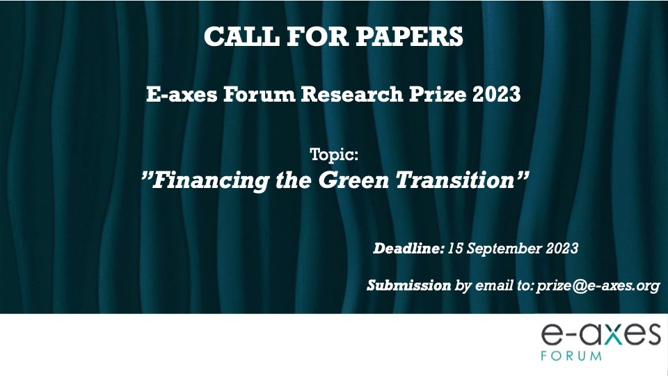 We are excited to announce the second annual E-axes Forum Research Prize 2023!🏆📰

📅 Deadline for submissions: 15 September 2023

👉More Info: e-axes.org/prize/

👉Call for Papers: e-axes.org/wp-content/upl…

 <a href="/Pierre_Monnin/">Pierre Monnin</a> <a href="/StefanoGiglioEc/">Stefano Giglio</a> <a href="/fernandanechio/">Fernanda Nechio</a> <a href="/galinahale_ucsc/">Galina Hale</a>