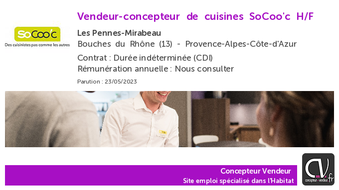 ConcepteurV's tweet photo. Offre d'emploi  Vendeur-concepteur de cuisines - SoCoo'c - Les Pennes-Mirabeau (13) https://t.co/5hogfhvI9L https://t.co/erbhYDGFG7