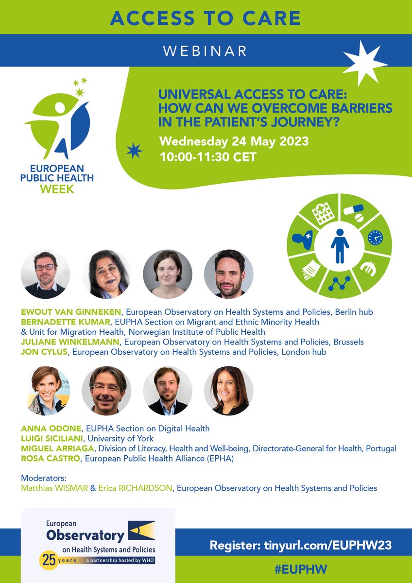 ⏳Have you registered to join this rich debate?

The Observatory will officially kick off the theme of day 3 of this year's European Public Health Week: #AccessToCare 🏥

🧑‍🦰Follow the patient's journey from 10:00 CET on Wed 24 May 👉tinyurl.com/EUPHW23 

#EUPHW #publichealth