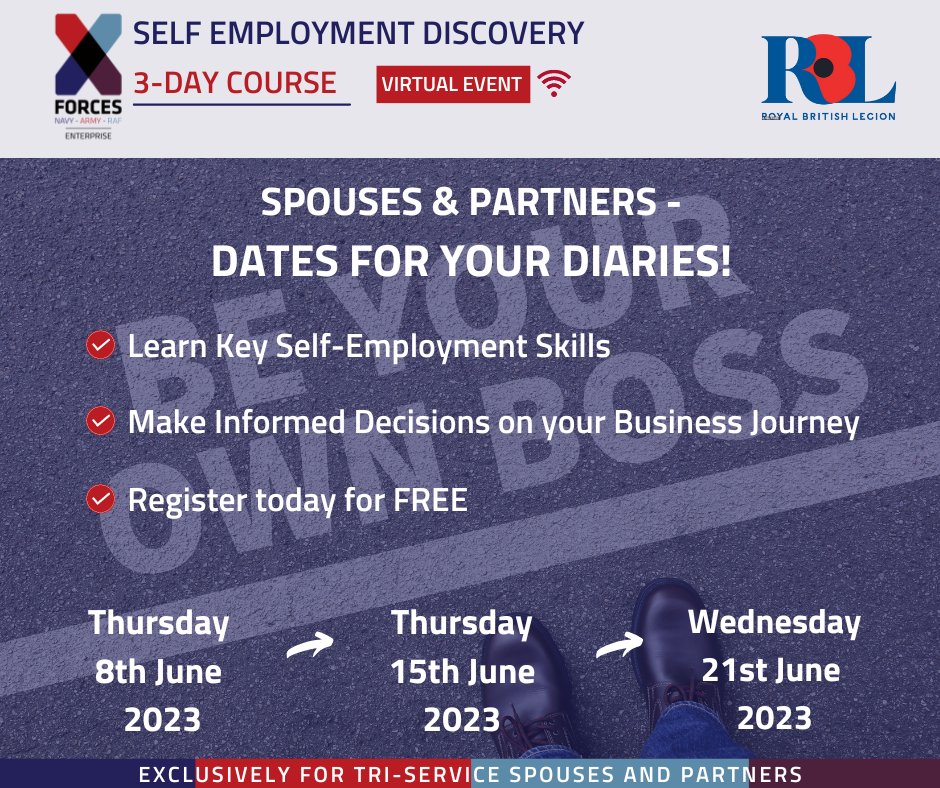 We're excited to relaunch our popular 3-day Self-Employment Discovery Course designed exclusively for #TriService spouses and partners.

If you're curious about #selfemployment, don't let this opportunity pass you by - register for your place now ➡️ bit.ly/sed_3d 🆓️