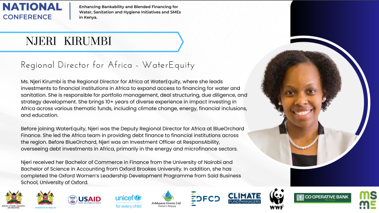 Introducing a distinguished guest and speaker Ms. Njeri Kirumbi, the Regional Director for Africa at Water Equity @waterequityorg. She has over 10 years of diverse experience in impact investing in Africa touching on climate change, energy, financial inclusions and education.