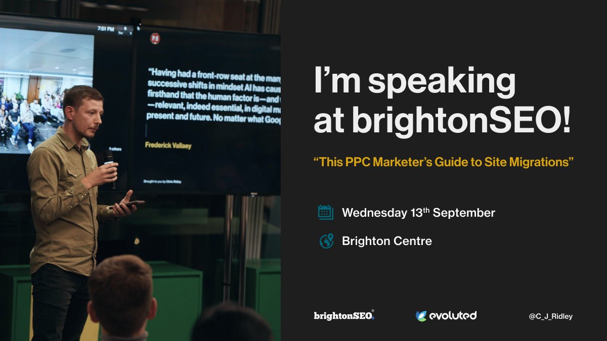Chris Ridley (@c_j_ridley) on Twitter photo After seeing all the tweets about people receiving their Ballot Tickets for <a href="/brightonseo/">brightonSEO</a>, I thought I'd share some of my own brightonSEO news...👀
I'll be speaking at brightonSEO's Search and Social Advertising Show! 🥳🥳🥳
#PPCChat After seeing all the tweets about people receiving their Ballot Tickets for <a href="/brightonseo/">brightonSEO</a>, I thought I'd share some of my own brightonSEO news...👀
I'll be speaking at brightonSEO's Search and Social Advertising Show! 🥳🥳🥳
#PPCChat