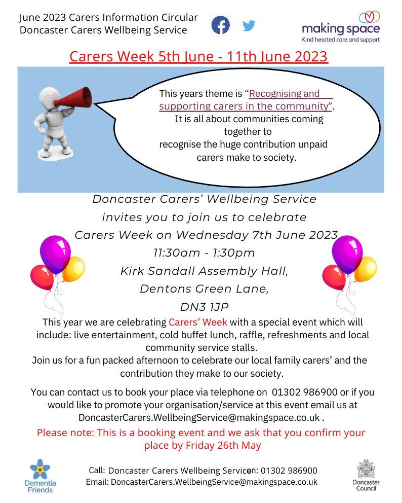 Carers Week 05th - 11h June 2023

Doncaster Carers Wellbeing Service Celebrations 7th June 2023

Don't delay book your place today 

#carer #carersupport #carerwellbeing 
#doncastercarerswellbeingservice #makingspace #dementiafriends #cityofdoncaster