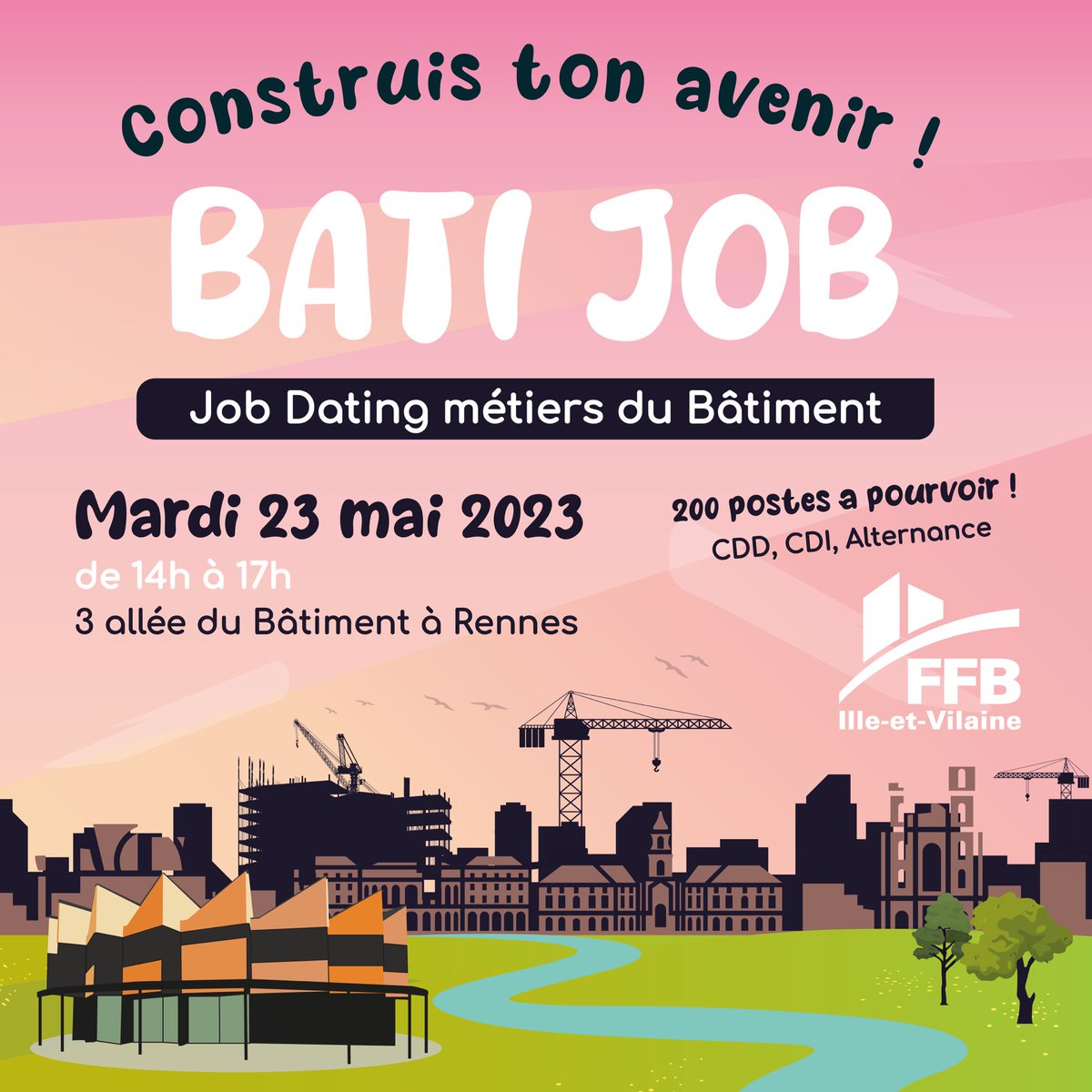 Ce jour, job dating spécial métiers du bâtiment, 200 offres d’emploi et d’alternance, sur tout le département, 35 entreprises présentes pour recruter au 3, allée du bâtiment entre 14 h et 17 h.