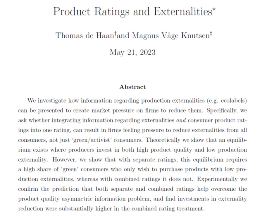 Happy to announce a new working paper together with Magnus Knutsen. We show that combining information on production externalities with consumer feedback into one rating helps to exert market pressure on firms to reduce externalities.
 drive.google.com/file/d/1fA2nSp…