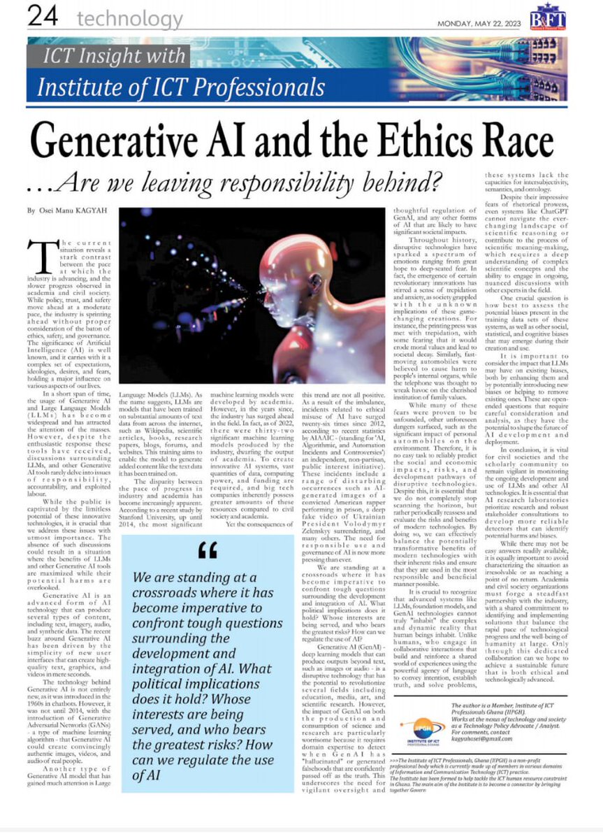 DavidGowu's tweet photo. Read more... https://t.co/h4clw6iroy

IIPGH ICT INSIGHT Weekly Publication

Published in the B&amp;FT…GENERATIVE AI AND THE ETHICS RACE: ARE WE LEAVING RESPONSIBILITY
#iipgh
#godiafrica
#artificialintelligence
#digitalskills 
#digitaltransformation https://t.co/yLaDm22LzV