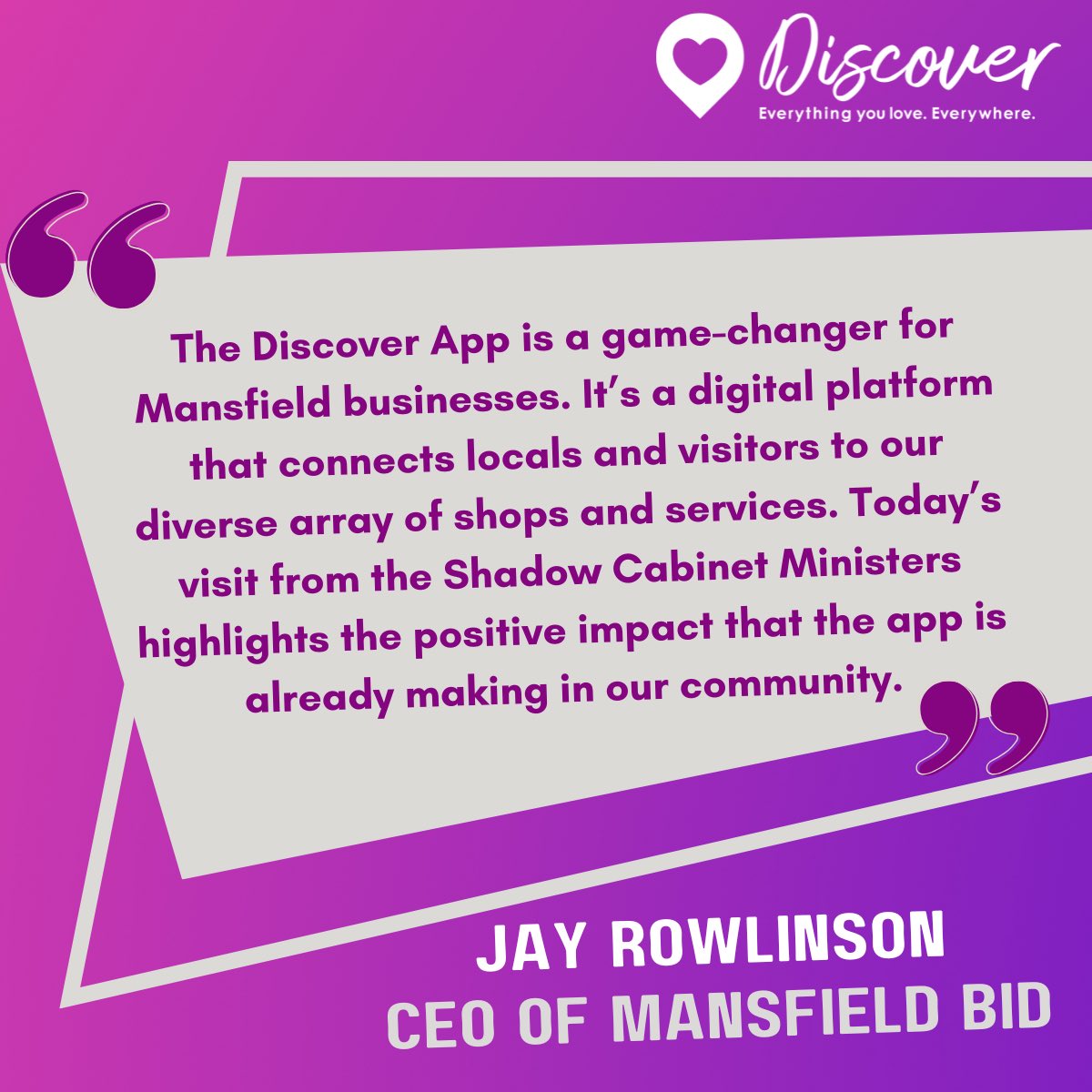 🎉 Nothing speaks louder than satisfied clients! 🎉 
The launch of Mansfield on the Discover App has been hugely successful for the area and the BID! See what their CEO, Jay Rowlinson, has to say below 👇 

#ClientTestimonials #customersatisfaction #placemaking #digitalhighstreet