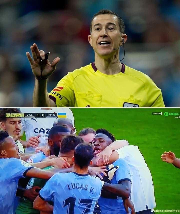 FrankKhalidUK's tweet photo. The Valencia-Real Madrid VAR referee Iglesias Villanueva has been sacked!!!
He will never be a VAR referee again, like 5 of his colleagues who were in charge of the video during this game. 
They were ejected as they only showed the images of Vinicius' reaction to the head referee and no images of Valencia player Hugo Duro choking the Brazilian.