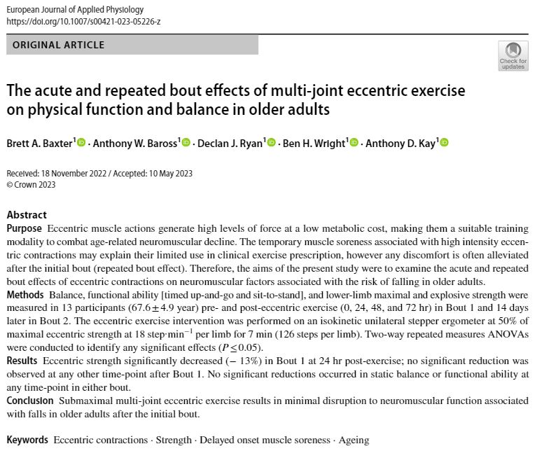 The first publication from my PhD is now available online at rdcu.be/dcKdx

More evidence demonstrating that if prescribed appropriately, eccentric exercise induces minimal muscle damage in older adults, particularly on factors associated with the risk of falling.