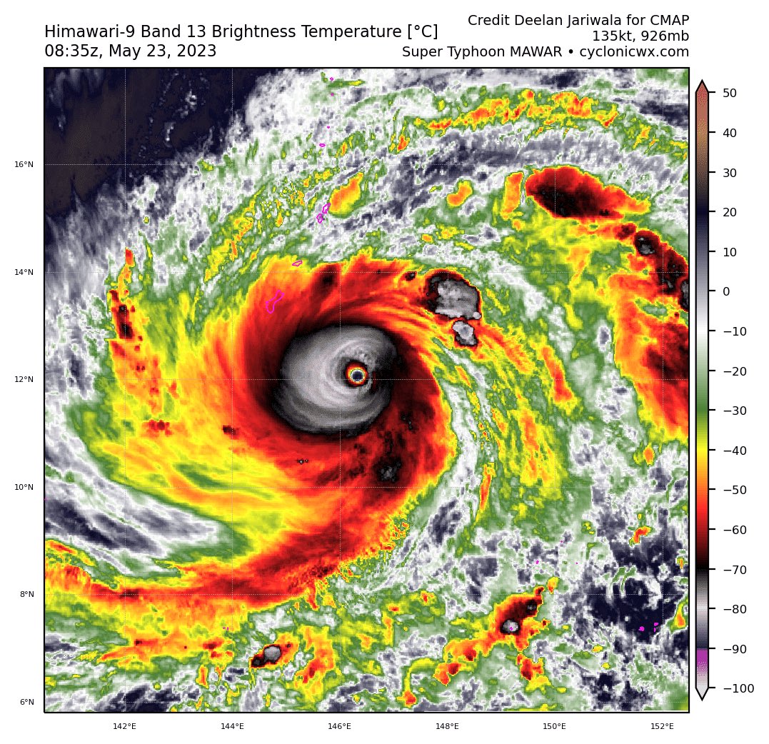 KelvinCasamayor's tweet photo. BREAKING: Typhoon #Mawar has reached #supertyphoon status, as reported by JTWC.
It now has maximum sustained winds of 250 km/h, gusts of 305 km/h, and moving in a north-northwest direction at a speed of approximately 13 km/h. https://t.co/e3jaYJTTUN