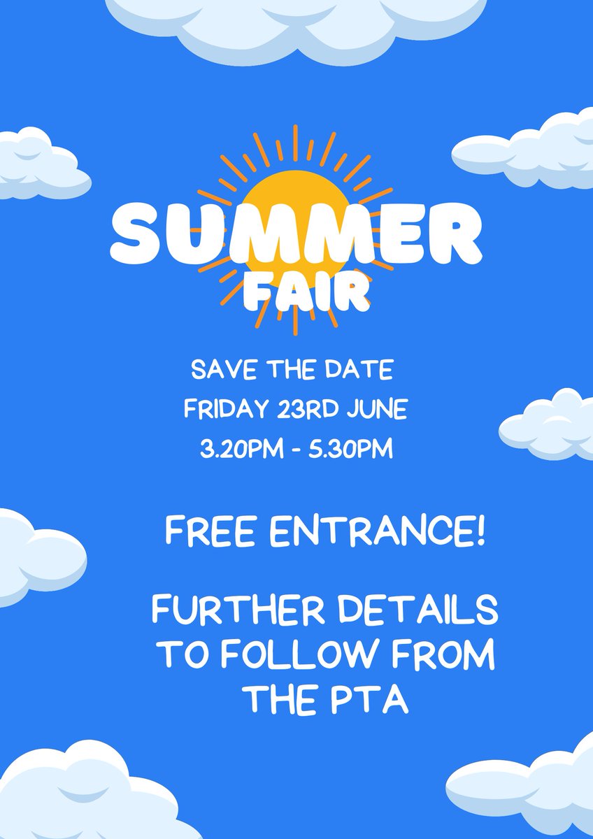 witton_walkce's tweet image. SUMMER FAIR - SAVE THE DATE 
Children MUST be picked up on the day at -
3.10pm as usual for reception and nursery or
3.15pm five minutes earlier for year 1-6 children.   This will enable staff to get to stalls so the summer fayre can start.