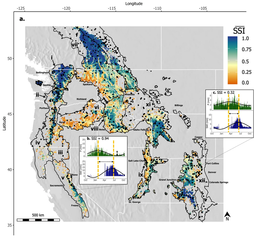 CommsEarth's tweet photo. The Snow Storage Index,which combines the amount of precipitation and the delay in water input from melt, has decreased in western North America since 1950 due to earlier snowmelt, spring rains and less winter precipitation
@kateehale @INSTAAR @CUBoulder
https://t.co/Xa4Ew7EtKO https://t.co/x0SpNgX2vS