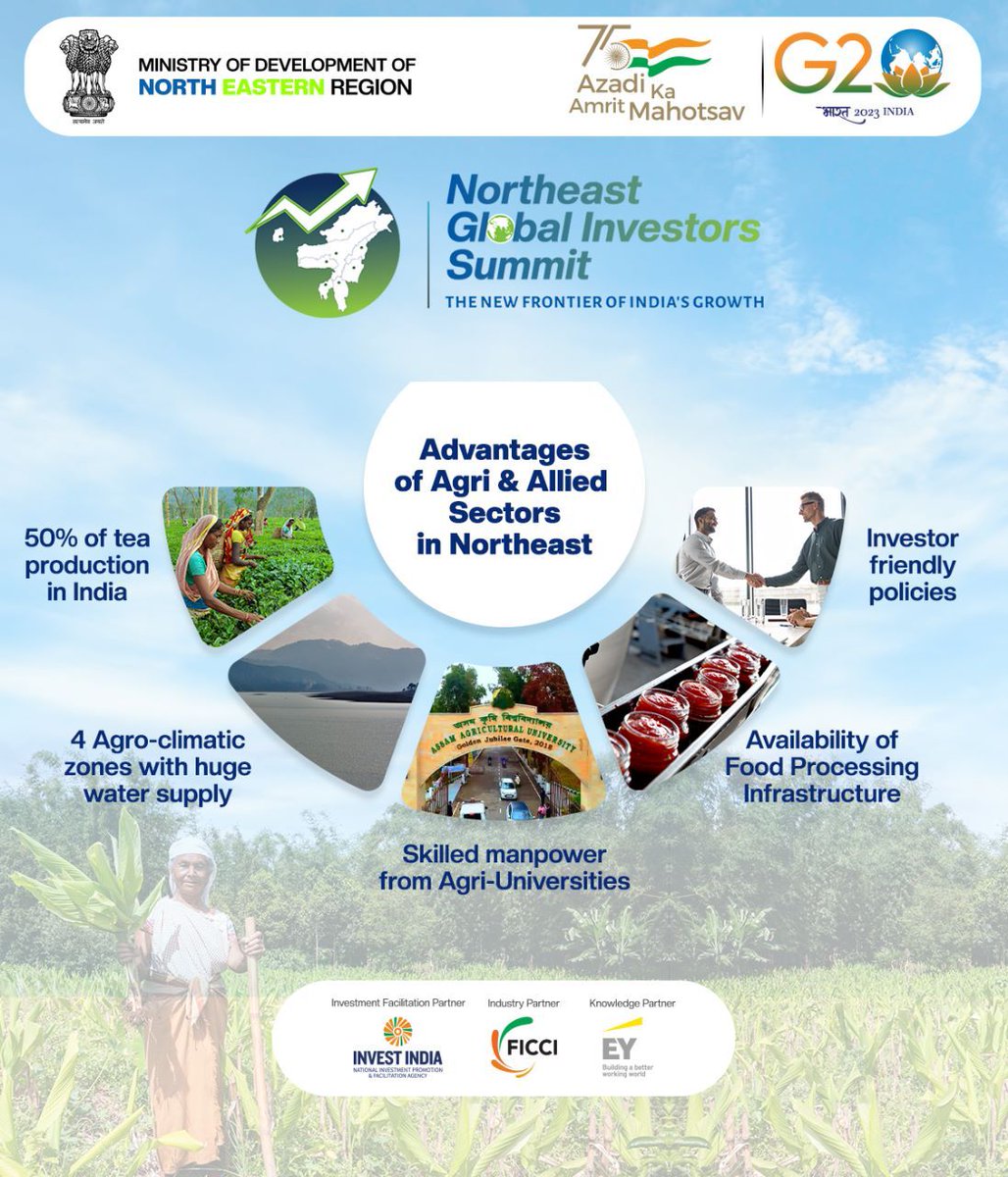 Great Opportunities!

Located near #SouthEastAsian countries, #NorthEast is blessed with rich biodiversity, organically grown produce, quality workforce, timber, medicinal plants, bamboo, spice etc.

Investors have huge untapped opportunities in agri & allied sectors

#InvestinNE
