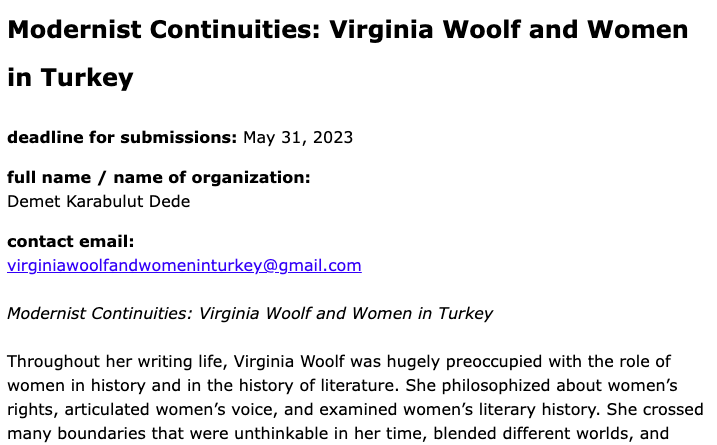 demdemdmt's tweet photo. 📢Deadline Approaching 📢 
Abstract submission deadline for Modernist Continuities: Virginia Woolf and Women in Turkey is 31 May and you can find the CFP here 👉 https://t.co/gAk4UXvjsB
Feel free to send an abstract and spread the word please. https://t.co/IMQLJ787WP