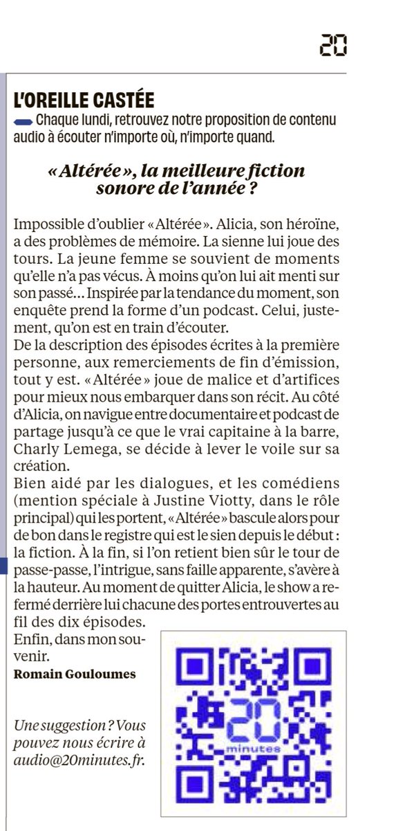 "Altérée, la meilleure fiction sonore de l'année ?"

Un énorme merci à <a href="/rgouloumes/">Romain Gouloumes</a>
du magazine 20 minutes pour son article ultra positif sur Altérée ! ❤️❤️
Le podcast rejoint la sélection web de 20 minutes à retrouver ici : 20minutes.fr/podcast/402299…