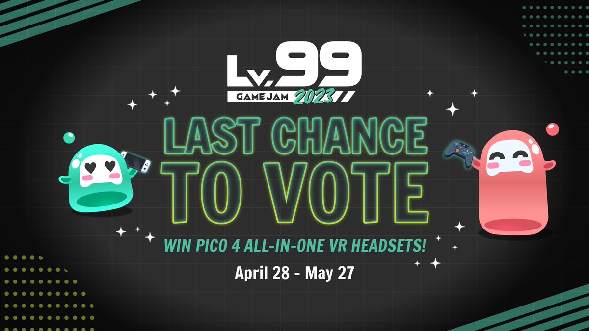 Project99Games's tweet image. Attention all gamers and devs! We&apos;re entering the final week of voting for Lv. 99 Game Jam. Remember, 5 lucky voters will win a PICO 4 All-in-One VR Headset. Play now at itch.io/jam/lv-99-game… before it&apos;s too late!

#lv99gamejam #indiedev #gamedev #gaming #games #indiegame
