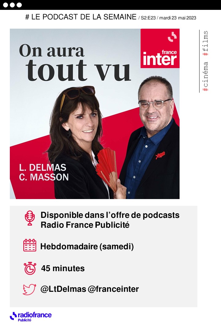🎙️Le podcast de la semaine 
On aura tout vu sur #FranceInter

Chaque samedi, Christine Masson et <a href="/LtDelmas/">Laurent Delmas</a> font le tour de l'actualité du cinéma.

Rendez-vous sur l'application #RadioFrance pour découvrir tous les épisodes, dont le dernier en date, en direct du Festival de Cannes