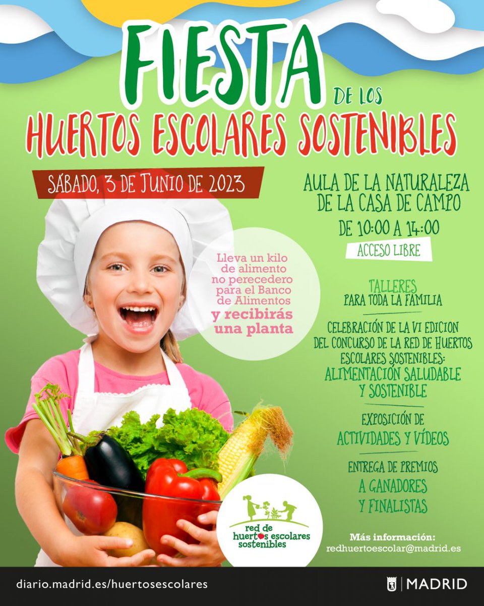 Ven a disfrutar con el <a href="/CeipPuertoRico/">CEIP PUERTO RICO</a> el sábado día 3 de junio (10:00 a 14:00) a la Fiesta de los Huertos Escolares Sostenibles 🍎🥦🍅🍇🍓. Será en el Aula de Naturaleza de la Casa de Campo ¡No te lo pierdas!
diario.madrid.es/huertosescolar…