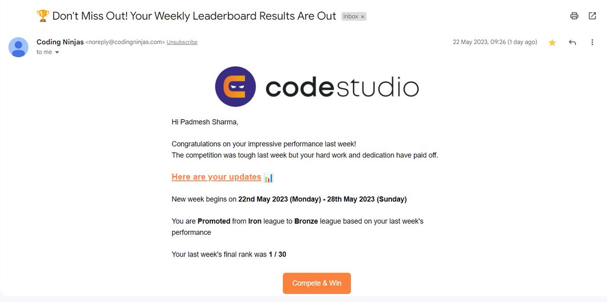 PadmeshSharma18's tweet image. Got 1st rank in the weekly leaderboard on Codestudio.
#Codestudio #leaderboard #Bronze