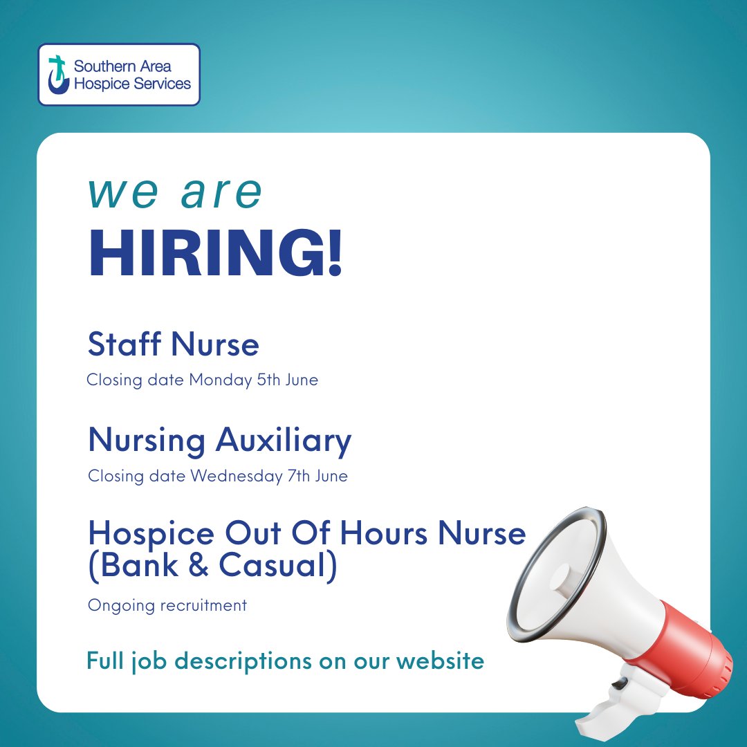 @hospiceSAHS are #hiring.  Join an amazing team based in #Newry
# Staff Nurse  
# Nursing Auxiliary (Band 3)  
# Hospice Out of Hours Nurse.  
View all our vacancies here southernareahospiceservices.org/current-vacanc… 
#wearehiring #hospicejobs #PalliativeCare #nurse #sahsjobs