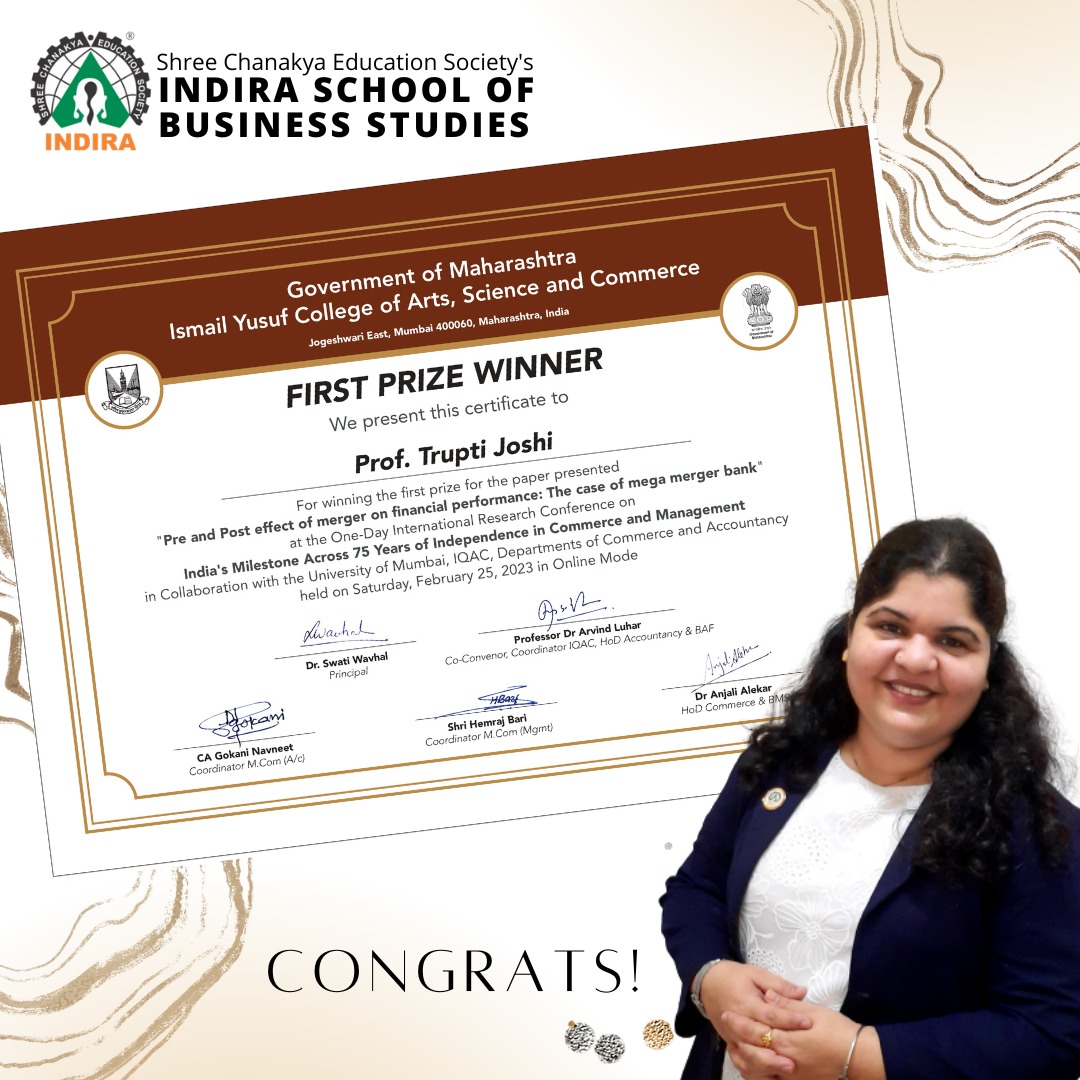 We're excited to announce that Prof. Trupti Joshi and Prof. Anuja Limbad, Finance faculties at ISBS have received the best paper award for their groundbreaking research on the financial performance of mega-merger banks.

#Congratulation #paperpresentation #IGI #indira #ISBS