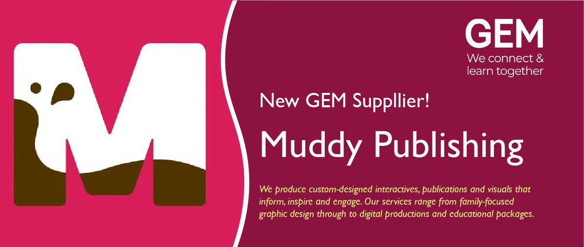 Welcome to our new supplier <a href="/MuddyPublishing/">Muddy Publishing Ltd</a>! 

🌟Custom-designed interactives, publications and visuals that inform, inspire and engage
🎨 Services range from family-focused graphic design to digital productions and educational packages

Find out more 👇
gem.org.uk/suppliers/mudd…