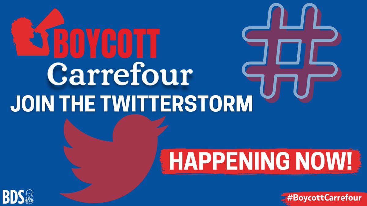 ⚠️Twitterstorm alert⚠️

<a href="/CarrefourGroup/">Carrefour</a> is deeply complicit in, and profits from, Israel's war crimes against Palestinians.

Join the Twitterstorm happening now and demand Carrefour ends its complicity in Israeli apartheid.