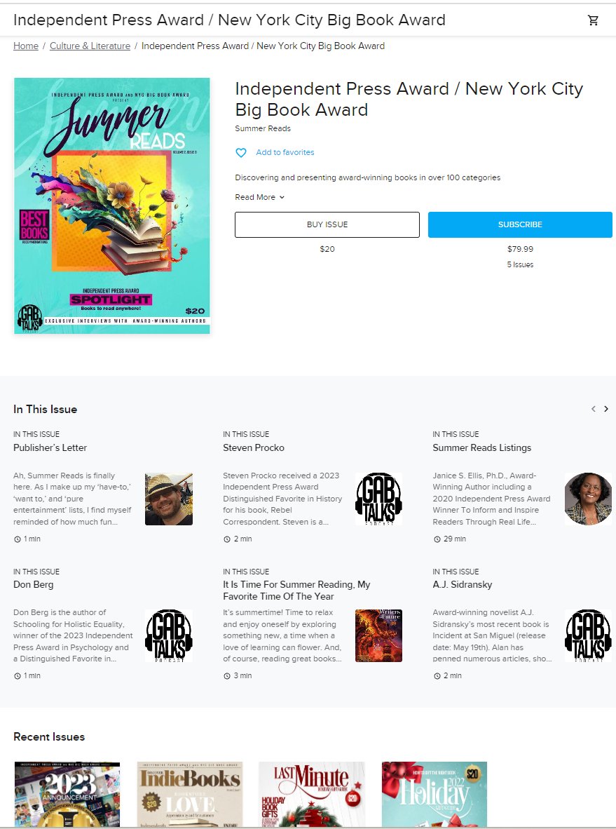 Summer Reads issue is here!  Available NOW zinio.com/publisher/inde…

#2023IPA @GabbyBookAwards #GABTALKS
Independent Press Award #winners #favorites #bookstoread #DistinguishedFavorite #BestBooks #writerslift #read #Buy #indieauthors #Books #BooksWorthReading #awardwinning…