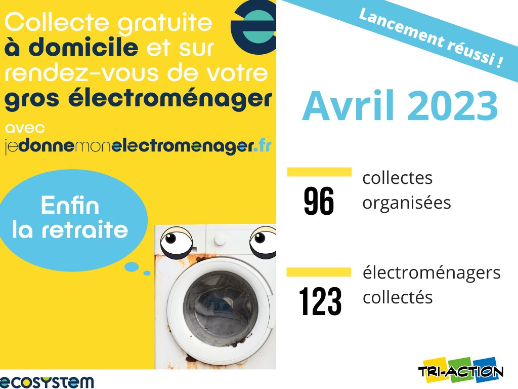 Le lancement de la collecte à domicile des gros électroménagers avec notre partenaire ecosystem.eco est une réussite!
Vous êtes passé à côté de l'info? Rdv sur notre site internet pour en savoir +
syndicat-tri-action.fr/2023/04/06/col…
