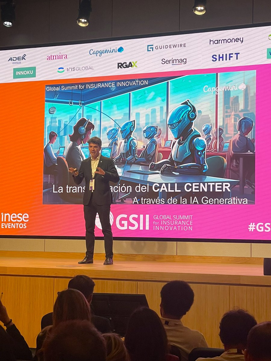 PGonzalezDuran's tweet photo. Raúl Bartolomé, managing director de Insights&Data de @capgemini, aborda en el #GSII23 cómo se han transformado los call center a través de la IA Generativa, los beneficios y usos de esta tecnología, su uso responsable y ético, entre otros aspectos. Más en @Inese_seguros https://t.co/Y2N7hau6dT