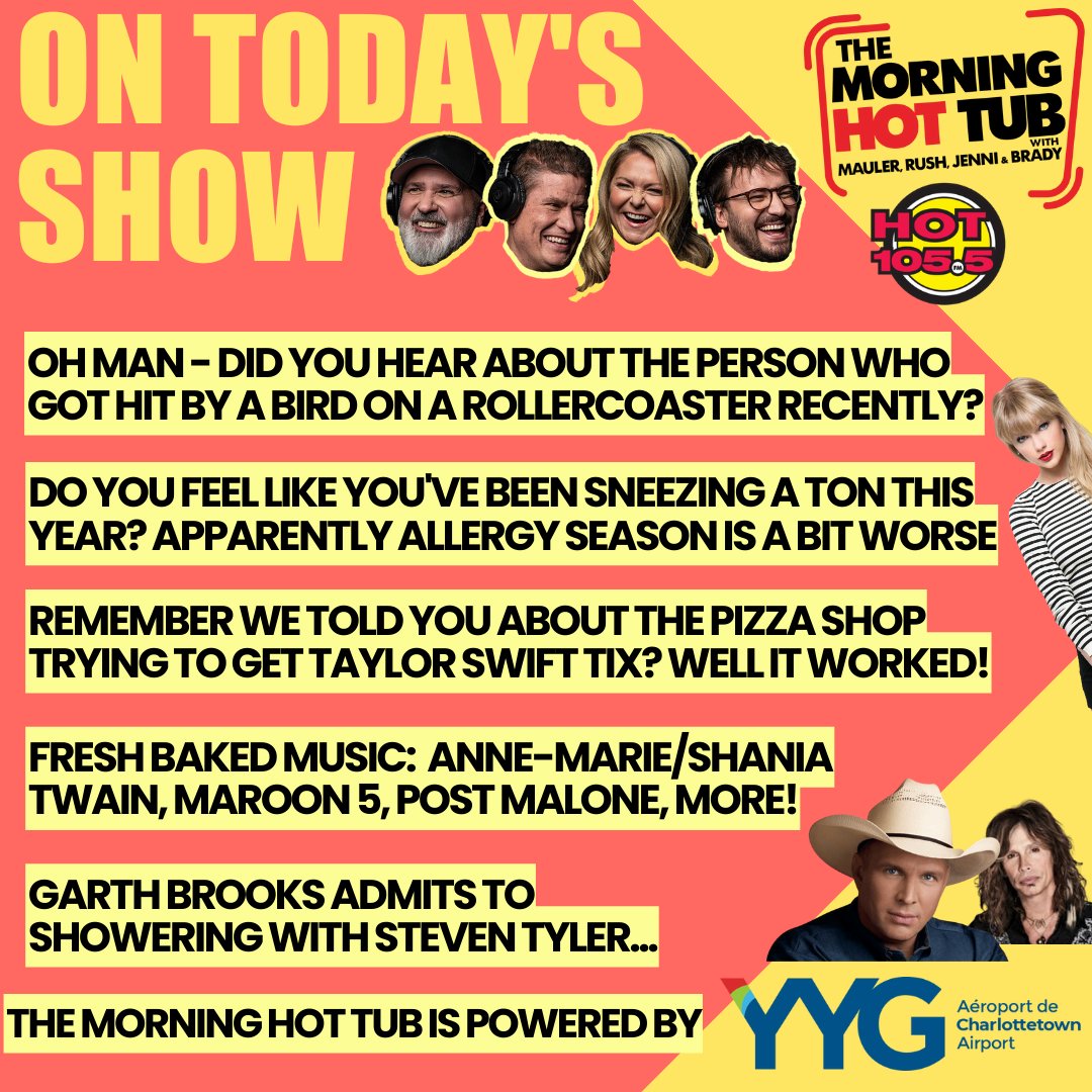 Rested and relaxed….

Is what we wish we were. It’s Mauler, Rush, Jenni and Brady in the Morning Hot Tub for YYG Charlottetown Airport back after the long weekend with our usual pitch for the 4 day work week! C’mon people who manage us!!

Sunny with a high of 14 - <a href="/flyYYG/">YYG Charlottetown Airport</a>