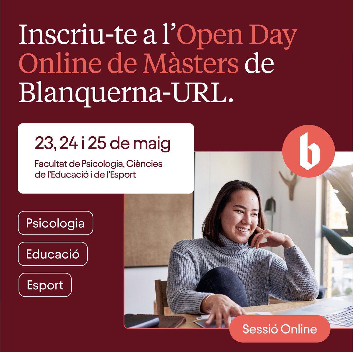Aquesta tarda comencen els Open Days ONLINE!

➡️16 h: DEU Pràctiques Fonamentades per a la Innovació Educativa.
➡️17 h: MU en Sports Management
➡️18 h: MU en Atenció a la Diversitat i Educació Inclusiva
➡️19 h: Màster Internacional en Counseling Adlerià

🔗blanquerna.edu/ca/open-days-o…