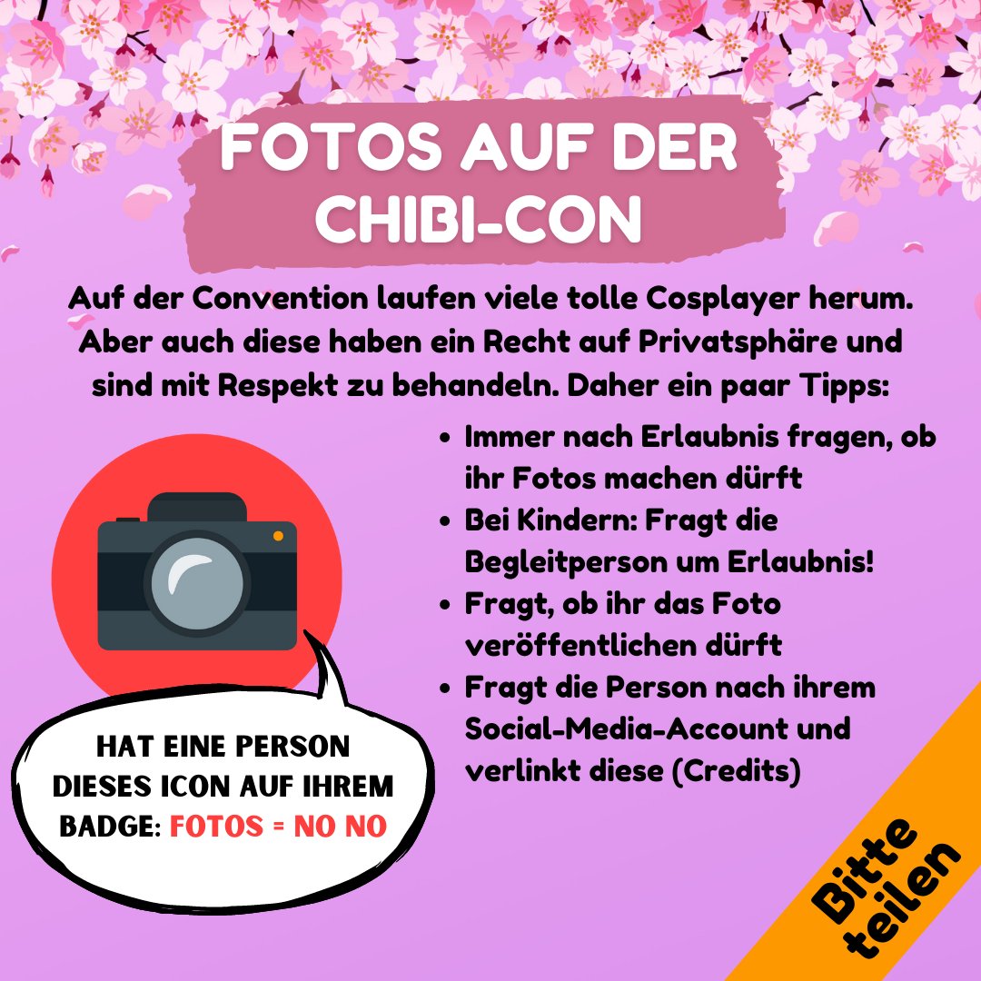 Foto-Guide: 
Bitte behandelt die Cosplayer mit Respekt.
Immer nach Erlaubnis fragen, ob ihr Fotos machen dürft
Bei Kindern: Fragt die Begleitperson um Erlaubnis!
Fragt, ob ihr das Foto veröffentlichen dürft
Fragt die Person nach ihrem Social-Media und verlinkt diese (Credits)