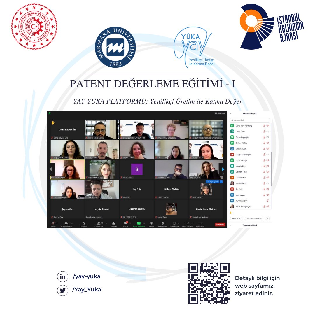 “PATENT DEĞERLEME EĞİTİMİ”nin ilk günü sona erdi.

Değerli eğitmenimiz Patent Effect'den Mustafa Çakır aşağıdaki maddeleri ilgili katılımcılara aktardı.

- Fikri Hakların Yükselişi
- Buluş Nedir?
- Patent Nedir?
- 311 Modeli

Herkese katılımlarından ötürü çok teşekkür ediyoruz