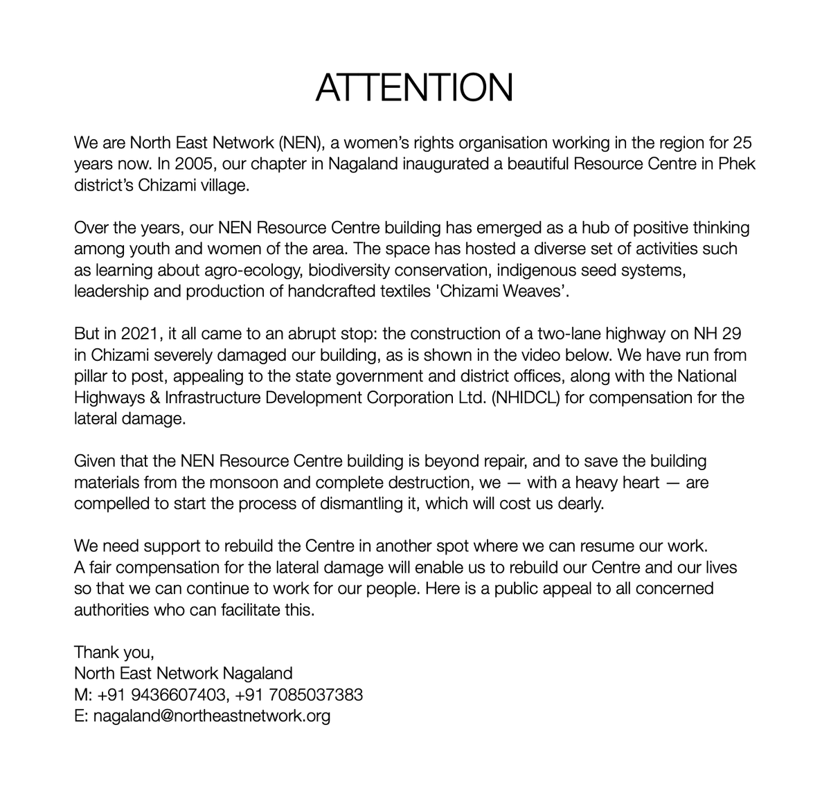 North East Network (@nen_india) on Twitter photo Attention: <a href="/CmoNagaland/">CMO Nagaland</a> <a href="/Neiphiu_Rio/">Neiphiu Rio</a> <a href="/nitin_gadkari/">Nitin Gadkari</a> <a href="/nhidcl/">NHIDCL</a> <a href="/Phek_DC/">Deputy Commissioner Phek</a> <a href="/KumarRamnikant/">Kumar Ramnikant</a> <a href="/abumetha/">abu metha</a>
A sincere appeal from North East Network. Attention: <a href="/CmoNagaland/">CMO Nagaland</a> <a href="/Neiphiu_Rio/">Neiphiu Rio</a> <a href="/nitin_gadkari/">Nitin Gadkari</a> <a href="/nhidcl/">NHIDCL</a> <a href="/Phek_DC/">Deputy Commissioner Phek</a> <a href="/KumarRamnikant/">Kumar Ramnikant</a> <a href="/abumetha/">abu metha</a>
A sincere appeal from North East Network.